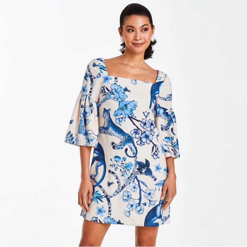 Blue Floral & Animal-Print Square-Neck Mini Dress